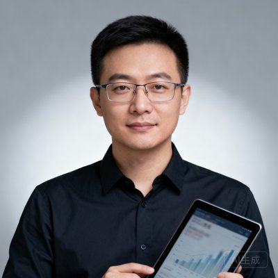 数据总监王磊头像,戴眼镜,手持平板